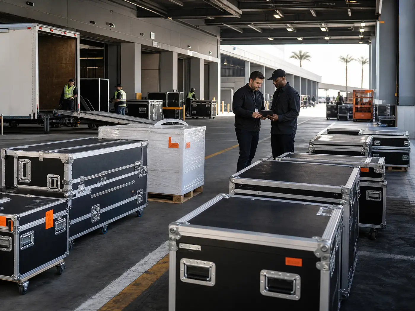 Organized exhibit freight cases staged for material handling at a Las Vegas convention venue