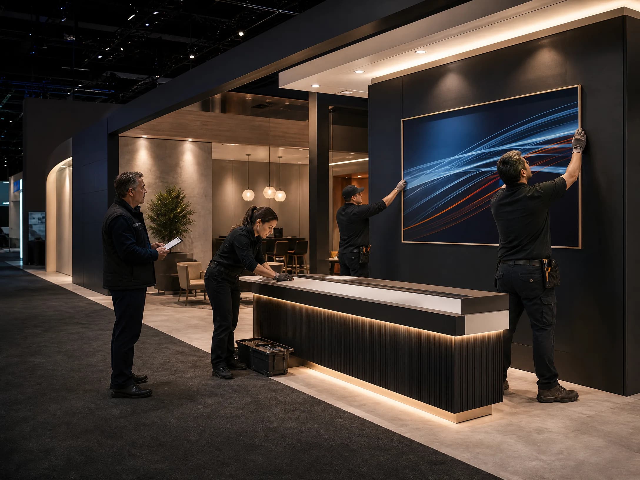 Las Vegas trade show exhibit installation crew completing overnight work