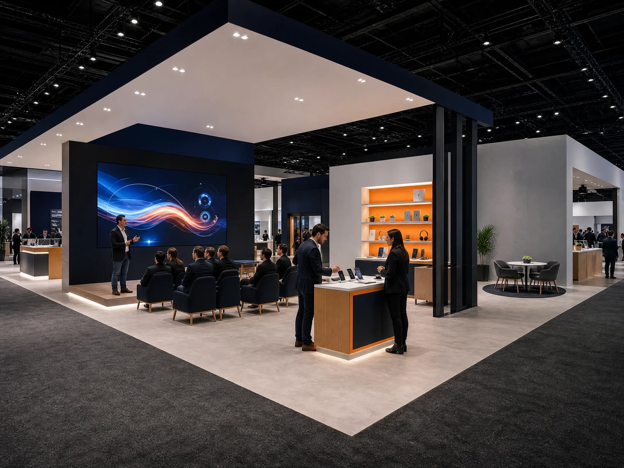 Consumer electronics exhibit separating a press presentation, product demonstration, and partner meeting zones