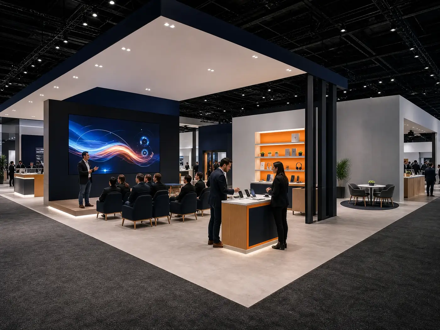 Consumer electronics exhibit separating a press presentation, product demonstration, and partner meeting zones