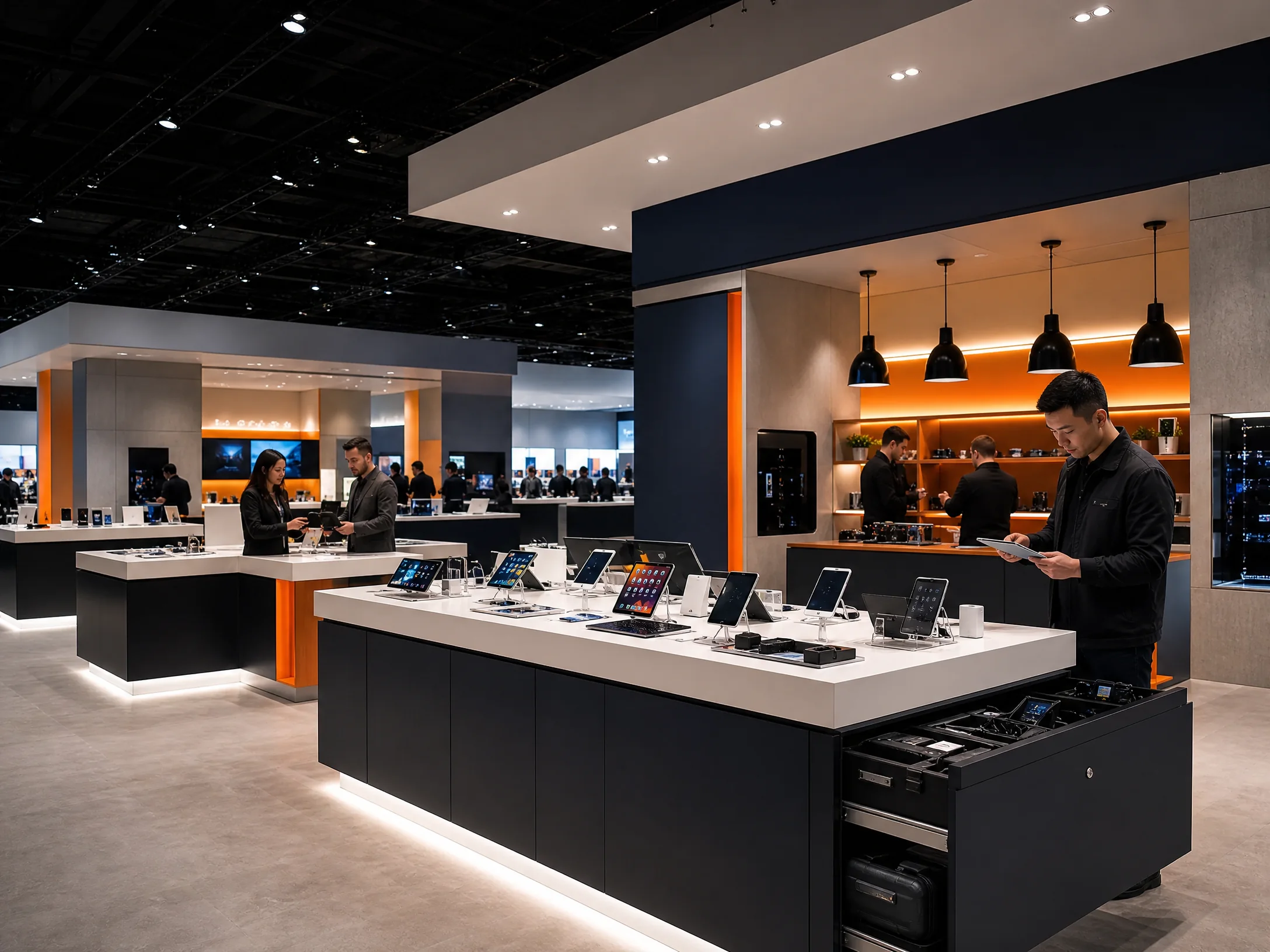 Consumer electronics exhibit with accessible demo counters, secure device storage, and a technician reset area