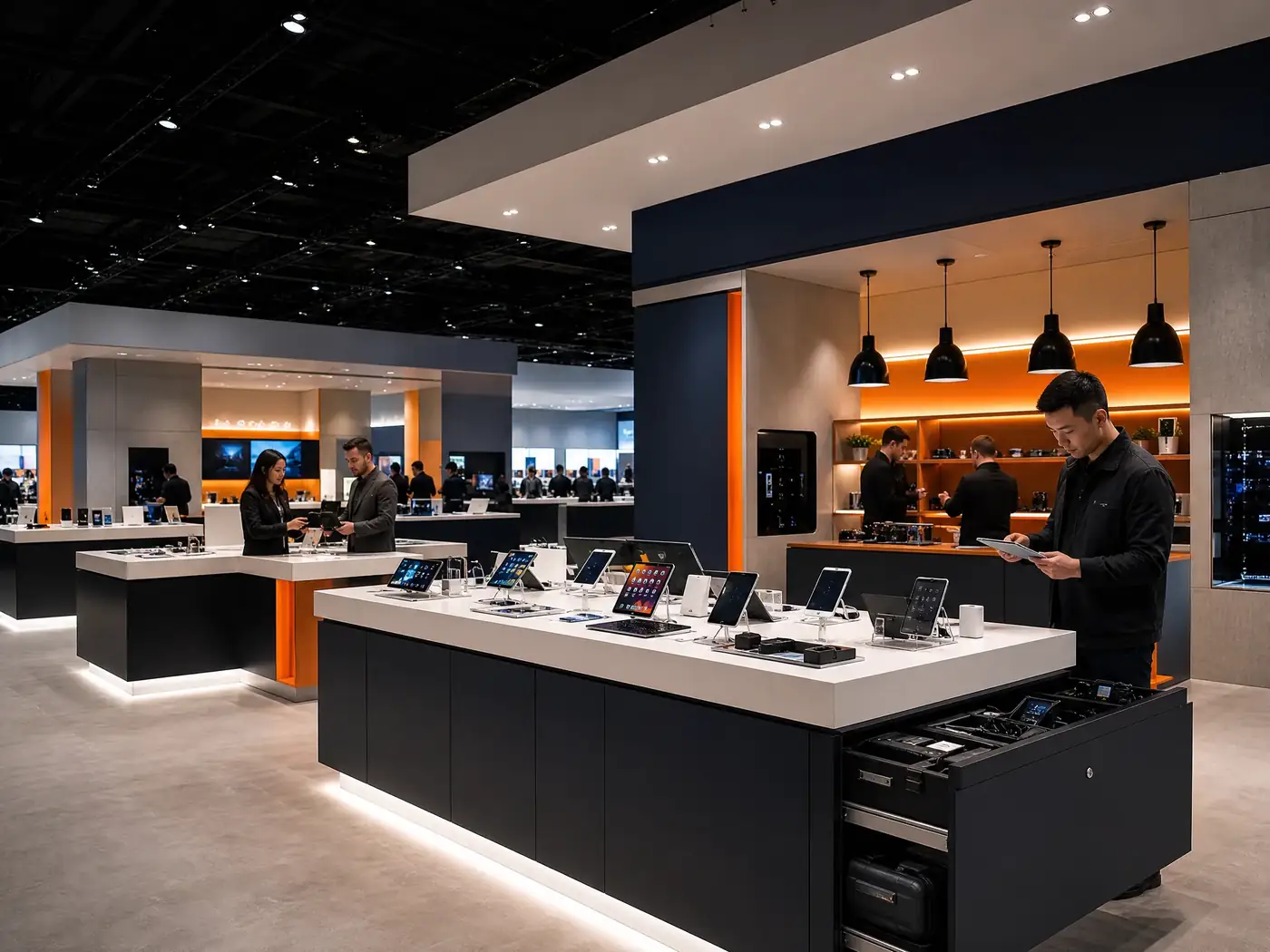 Consumer electronics exhibit with accessible demo counters, secure device storage, and a technician reset area