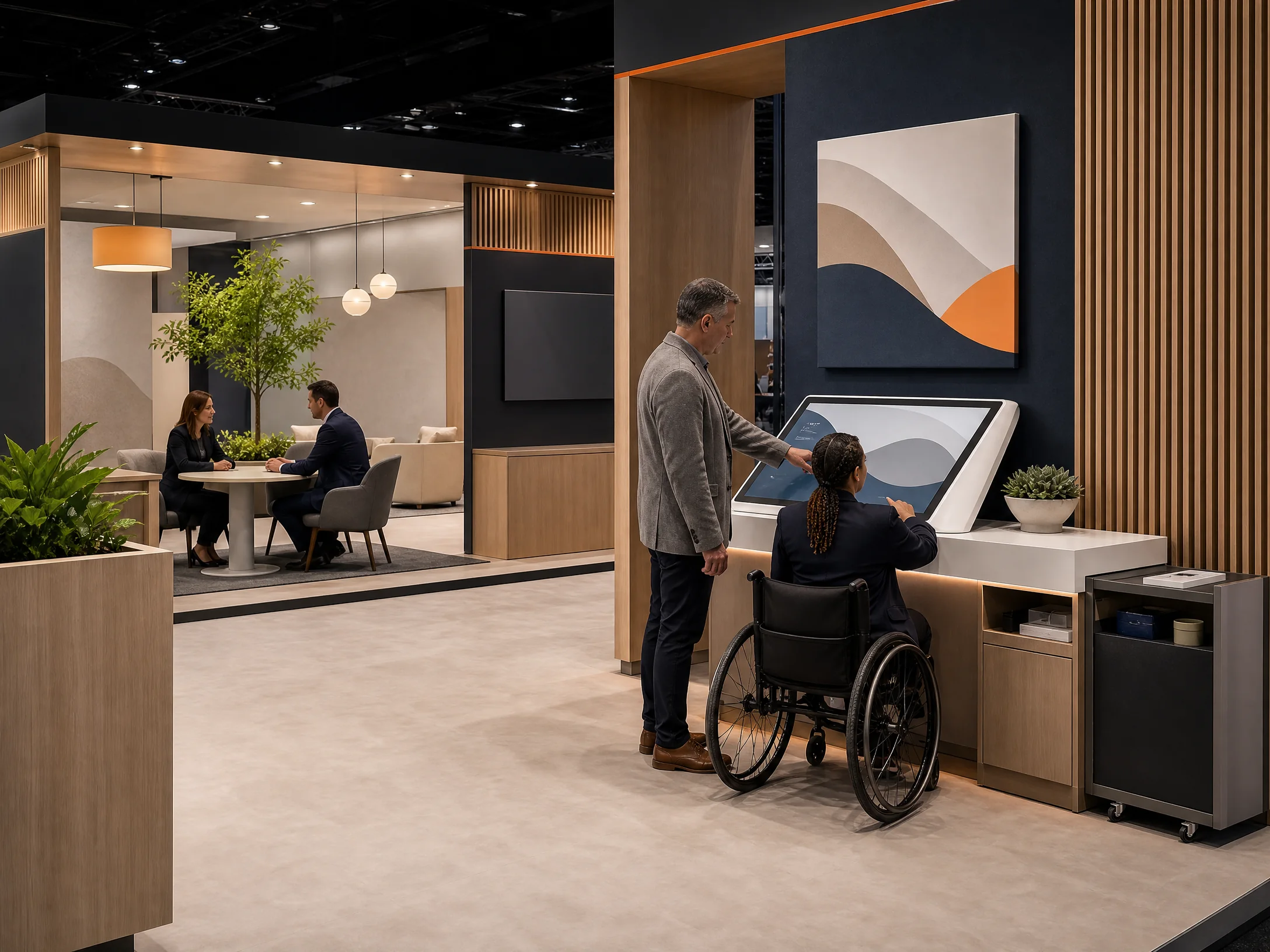 Accessible digital health demonstration station with seated and standing visitor reach and a quiet follow-up area