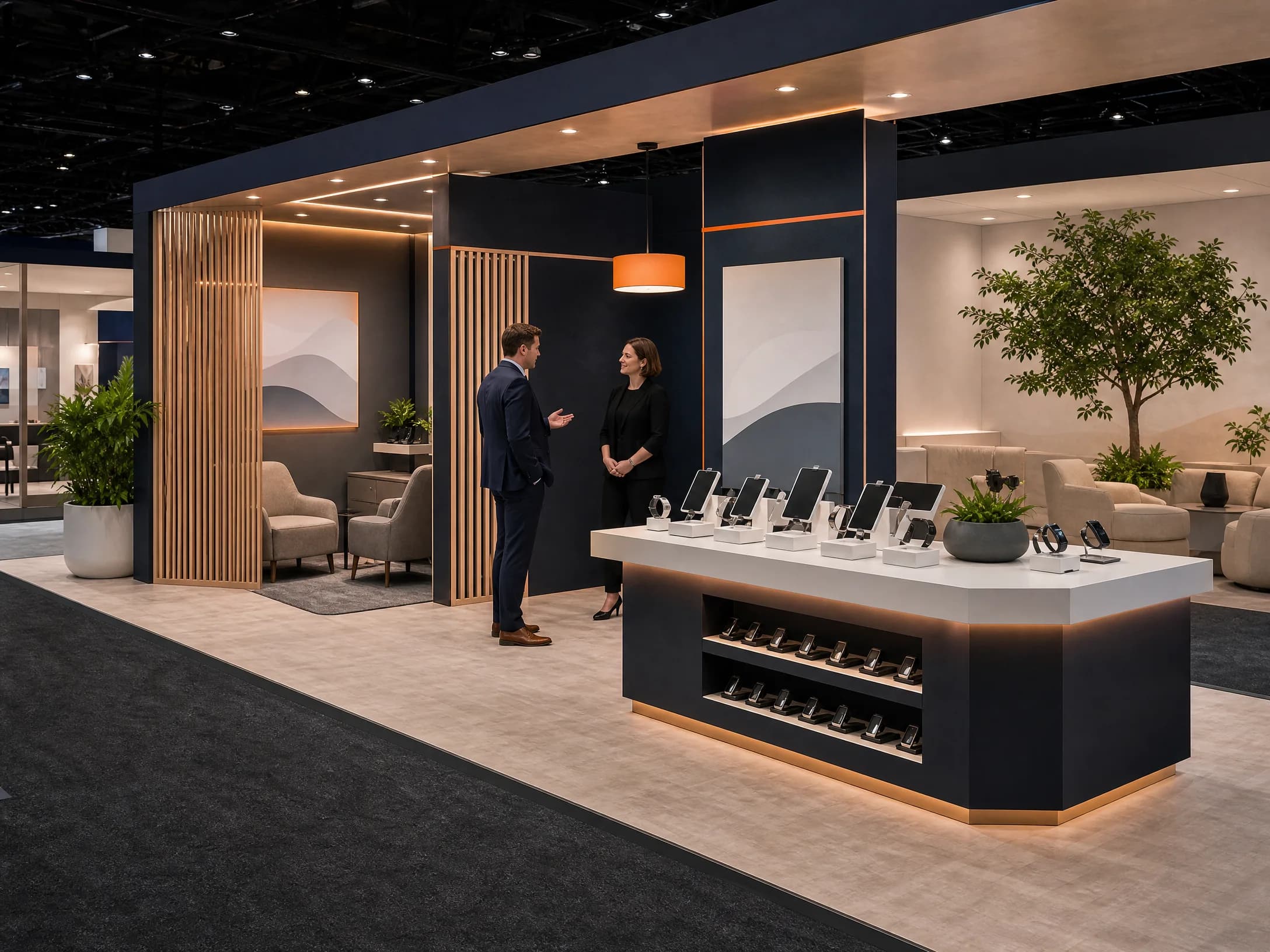 Digital health exhibit with a privacy-aware consultation area and accessible product education station