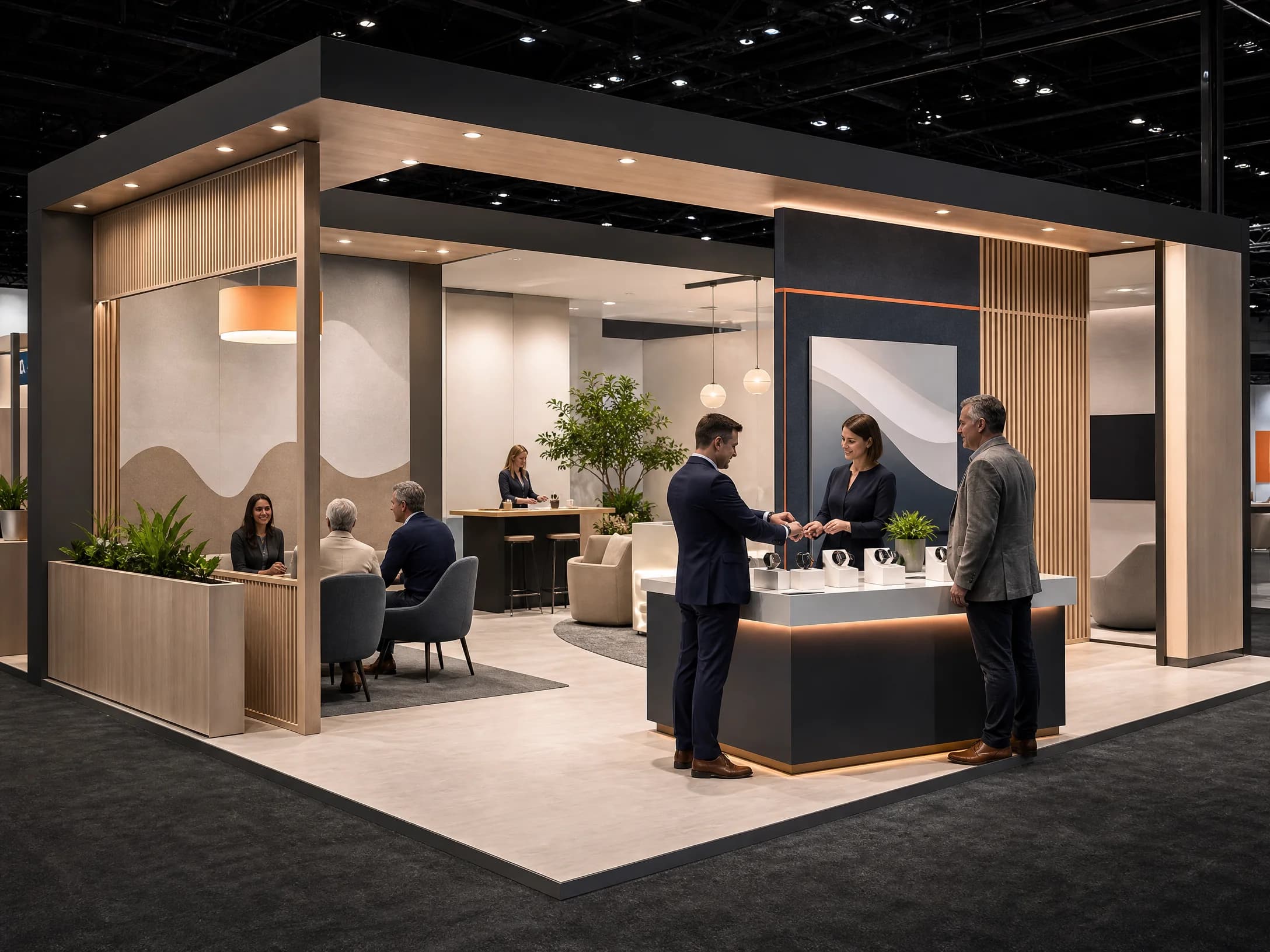 Digital health trade show exhibit with consultation and product demonstration areas