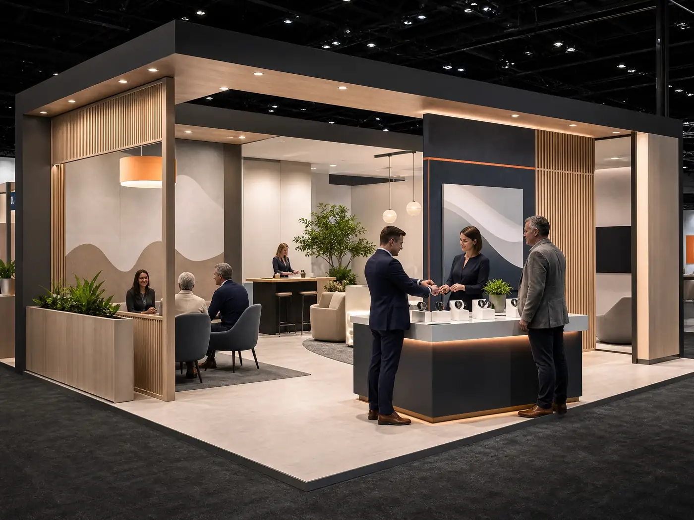 Digital health trade show exhibit with consultation and product demonstration areas