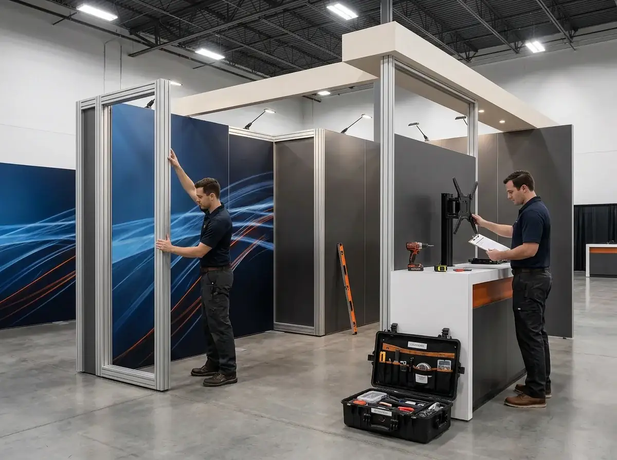 Exhibit technicians preparing a modern trade show booth before a Las Vegas convention