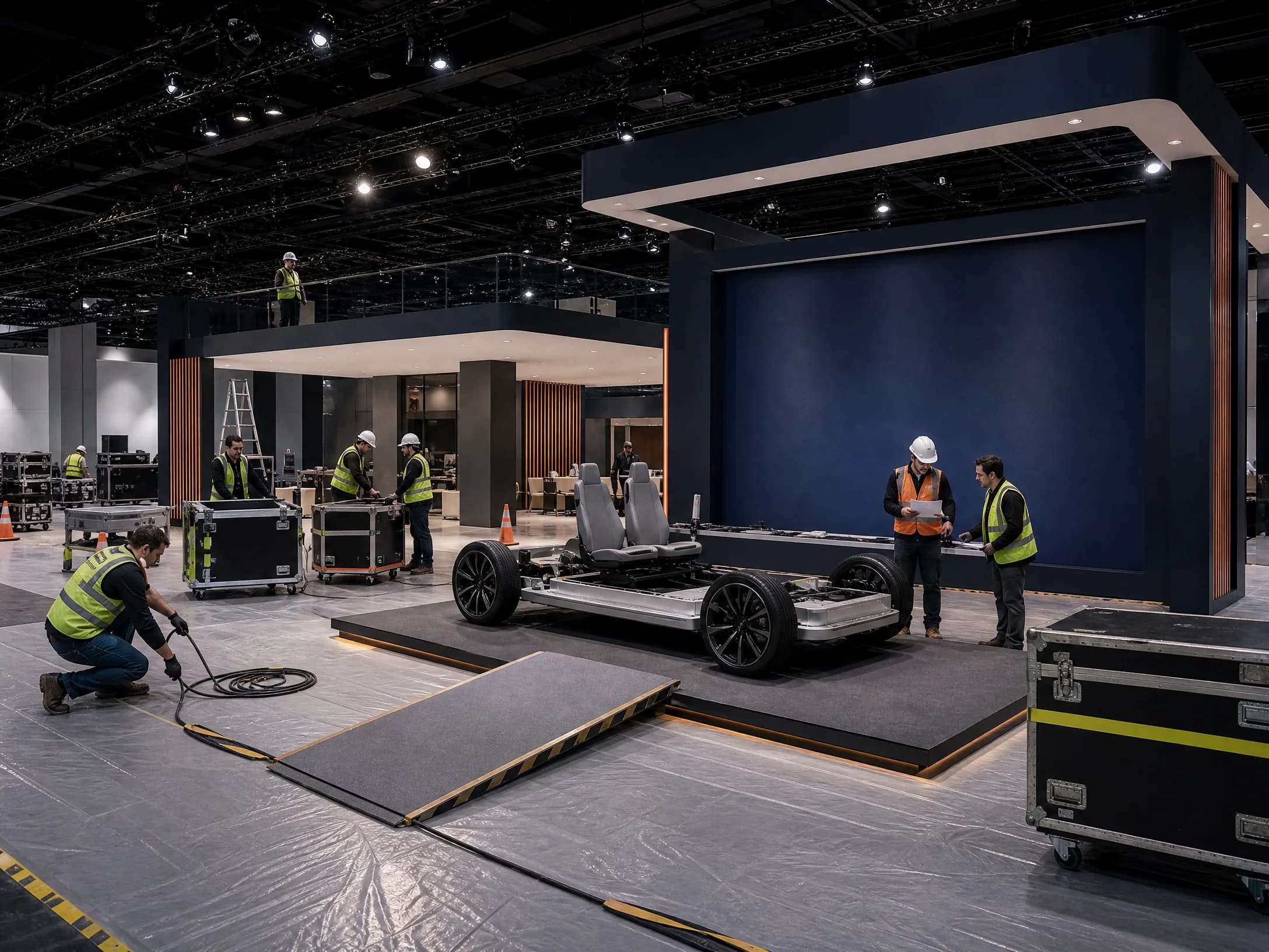 Mobility technology exhibit installation with a generic platform, freight cases, ramp, and coordinated crew
