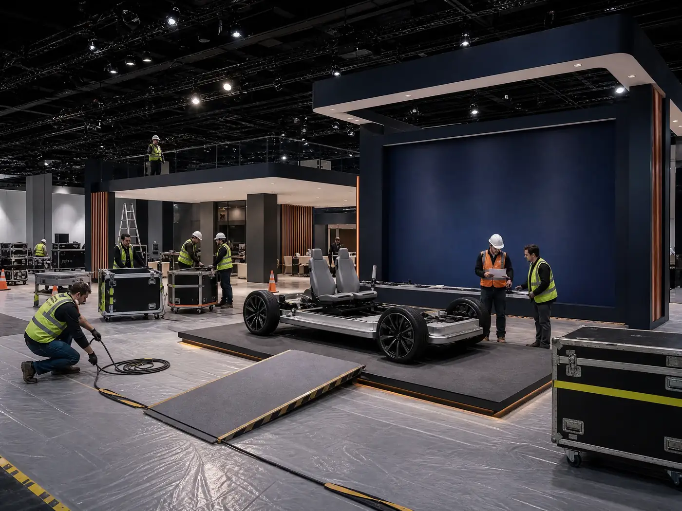 Mobility technology exhibit installation with a generic platform, freight cases, ramp, and coordinated crew