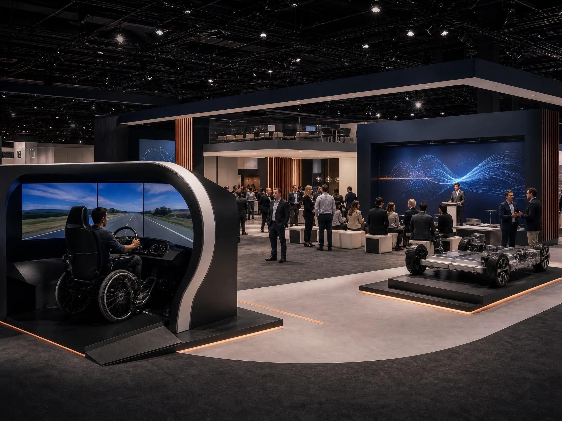 Mobility technology exhibit with an accessible driving simulator, press presentation, and platform display