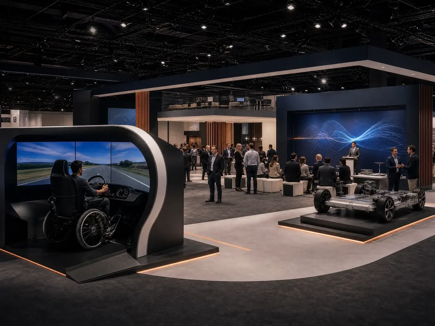 Mobility technology exhibit with an accessible driving simulator, press presentation, and platform display