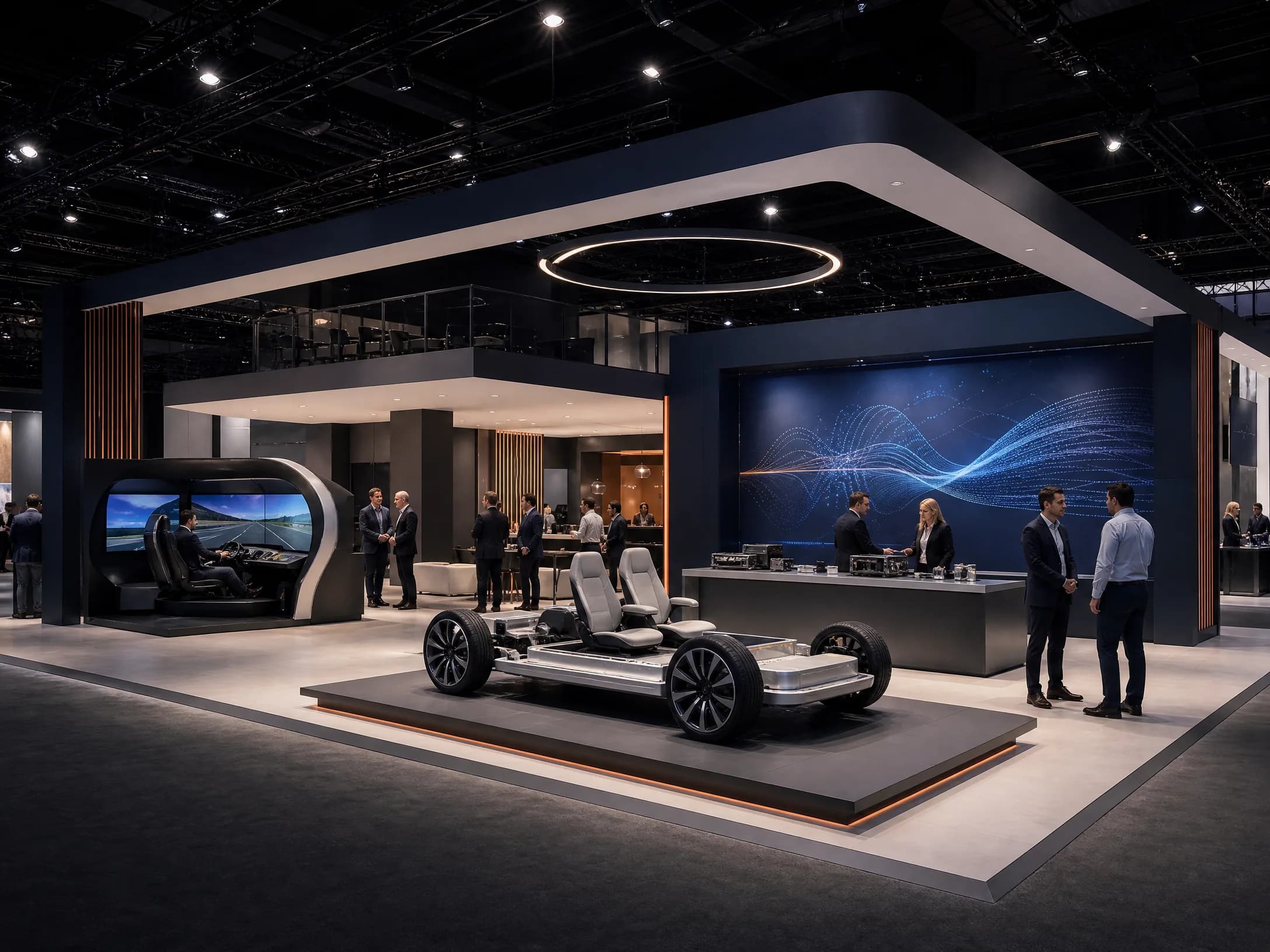 Mobility technology trade show exhibit with a vehicle platform and digital storytelling wall