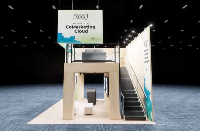 20x20 Double Deck Booth Rental – Retail Product Demo Layout — 20x20 20x20 Exhibit Rentals exhibit rental in Las Vegas, primary catalog image