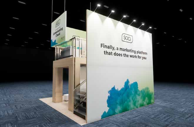20x20 Double Deck Booth Rental – Retail Product Demo Layout — 20x20 20x20 Exhibit Rentals exhibit rental in Las Vegas, catalog image 7