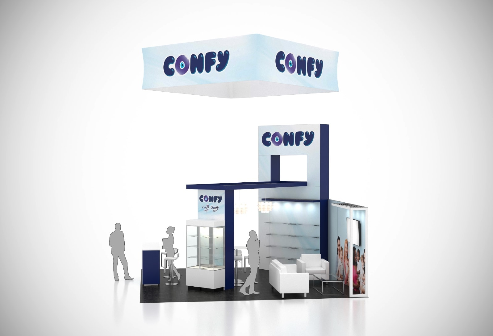 20x20 Product Showcase Booth Rental with display cases, shelving, seating, and lockable storage